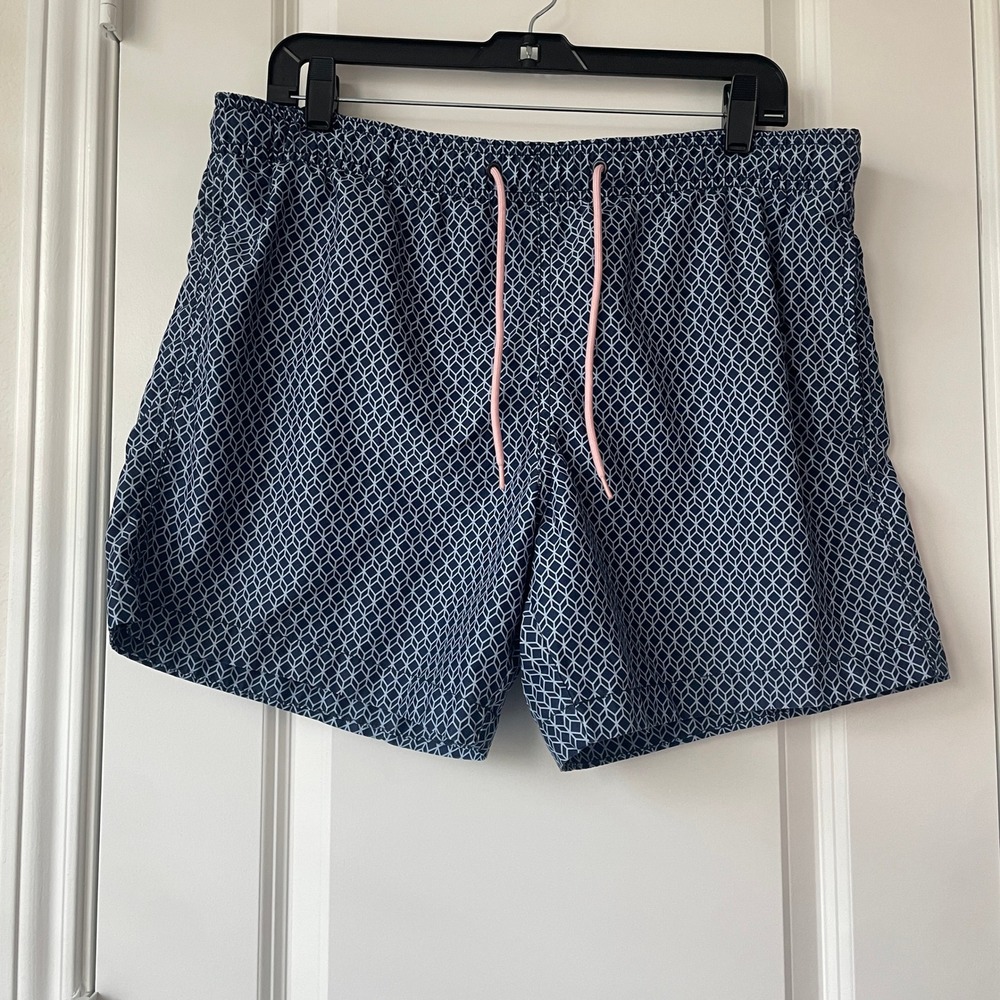 H&M Mens M Swim Trunks Blue Geometric Pink Drawstring Beach Board Shorts
